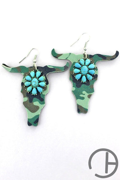 Turquoise Flower And Camo Faux Leather Steer Earrings
