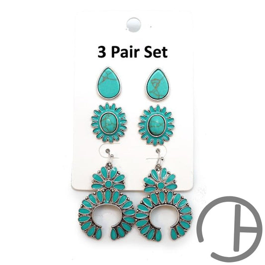 Turquoise Pack Of 3 Earrings