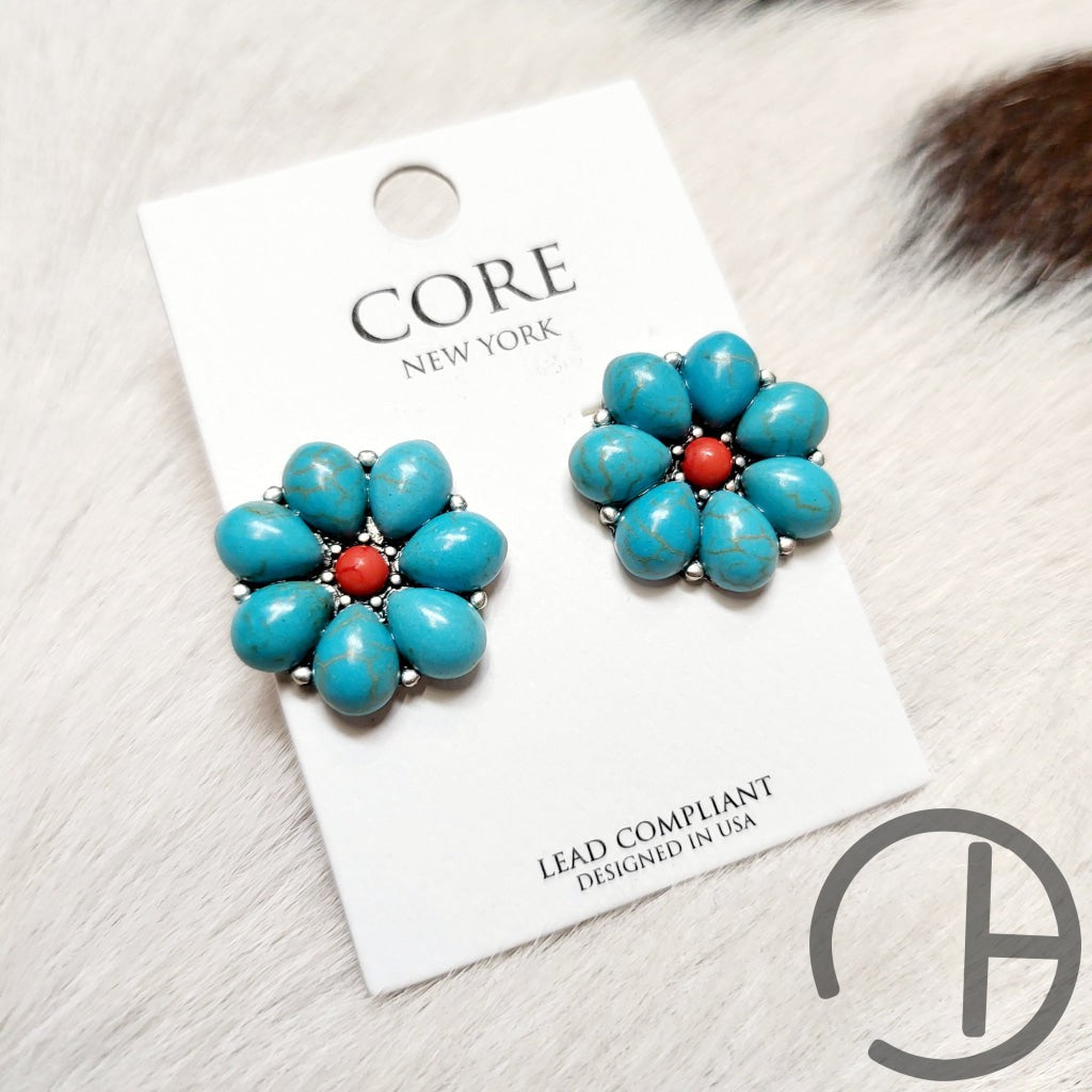 Turquoise Red Flower Stud Earrings