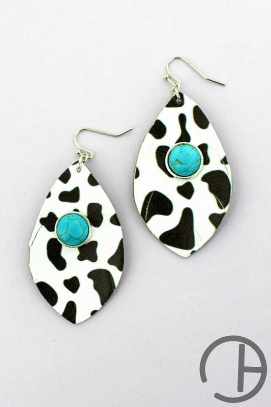 Turquoise Stone And Cow Faux Leather Shredded Petal Earrings