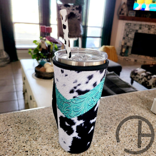 Turquoise Tooled Cow Tumbler Sleeve