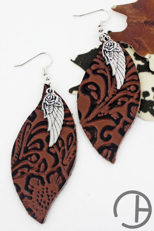 Wing And Brown Tooled Curved Marquise Earrings