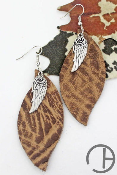 Wing And Weathered Brown Curved Marquise Earrings