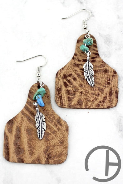 Feather And Weathered Brown Cattle Tag Earrings