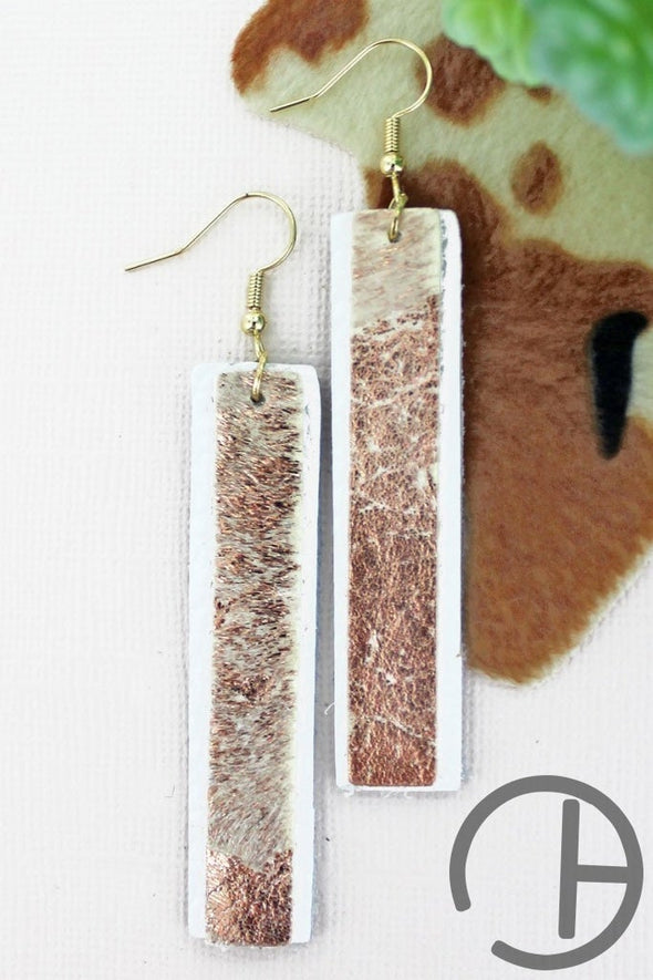Rose Gold Cowhide And White Layered Bar Earrings