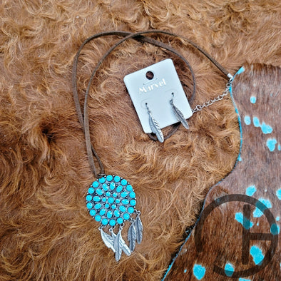 Turquoise Dot Feather Necklace Set