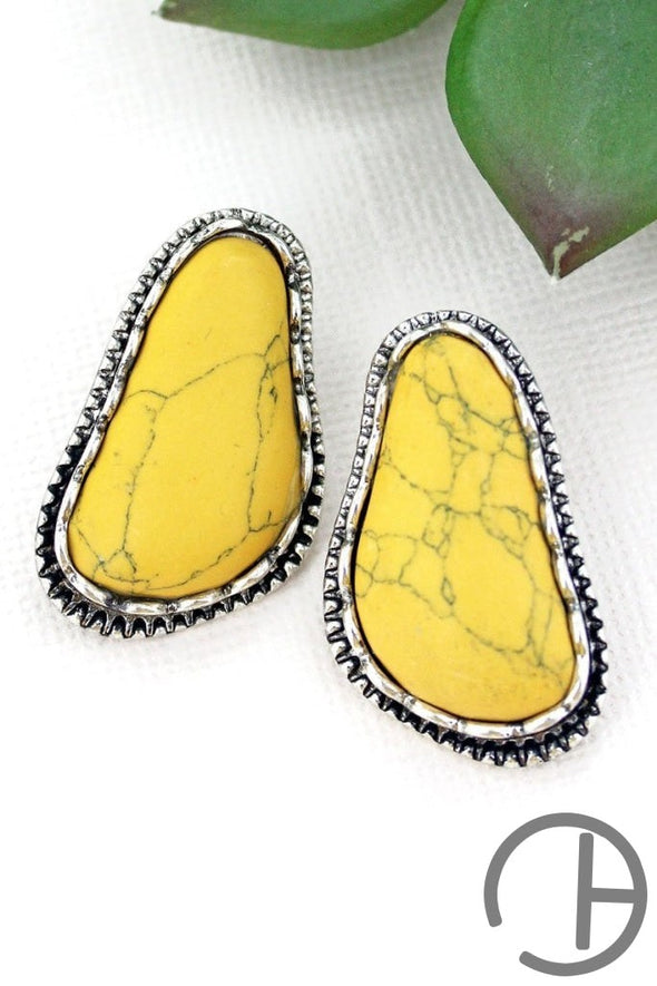 Yuma Silvertone Framed Mustard Stone Earrings